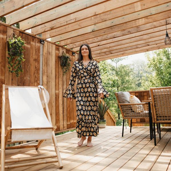 Boho Vintage Black & Beige Flower Long Sleeve Dress