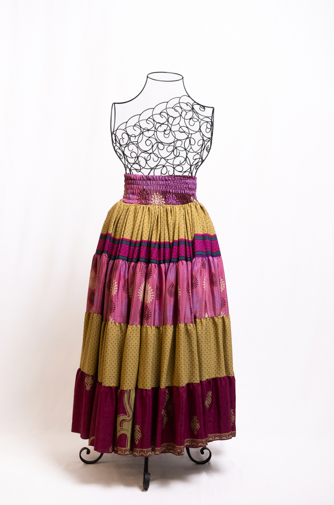 Boho Vintage Pink & Maroon Ruffle Skirt