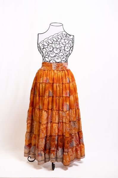 Boho Vintage Orange & Brown Ruffle Skirt