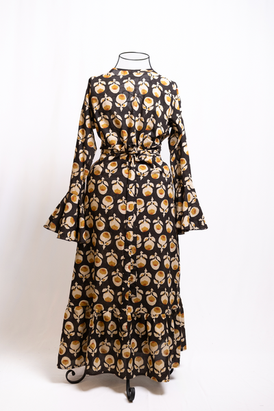 Boho Vintage Black & Beige Flower Long Sleeve Dress