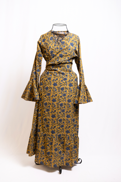 Boho Vintage Yellow & Blue Flower Long Sleeve Dress