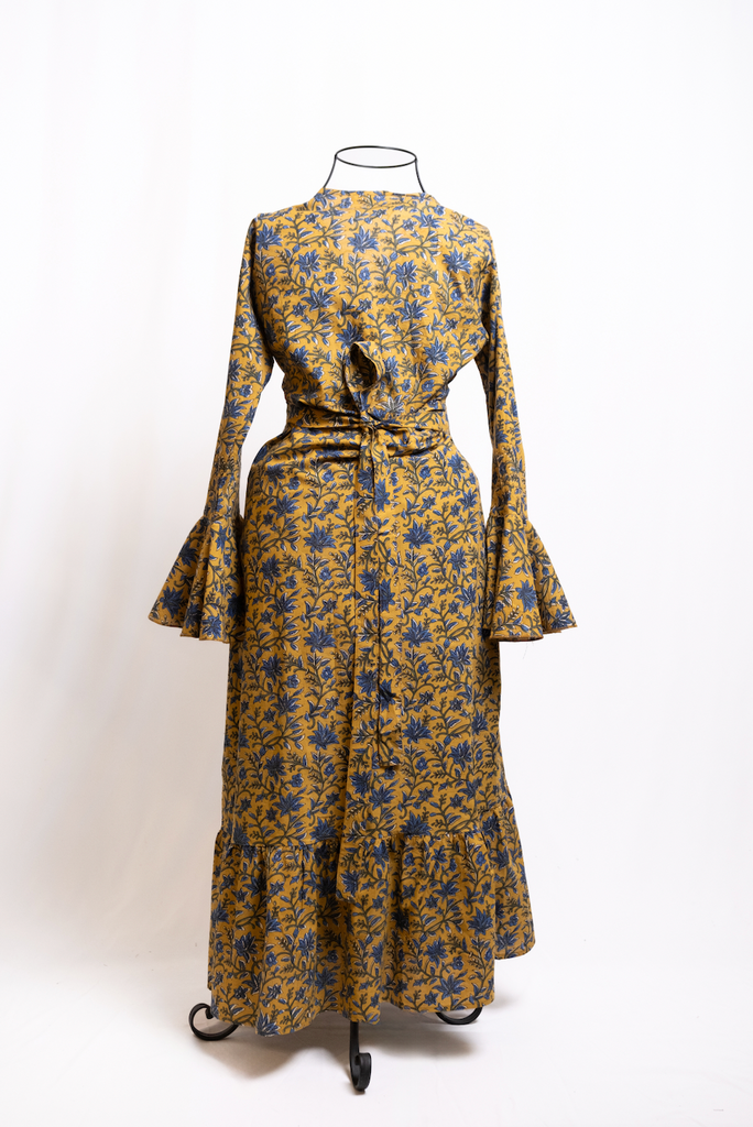 Boho Vintage Yellow & Blue Flower Long Sleeve Dress