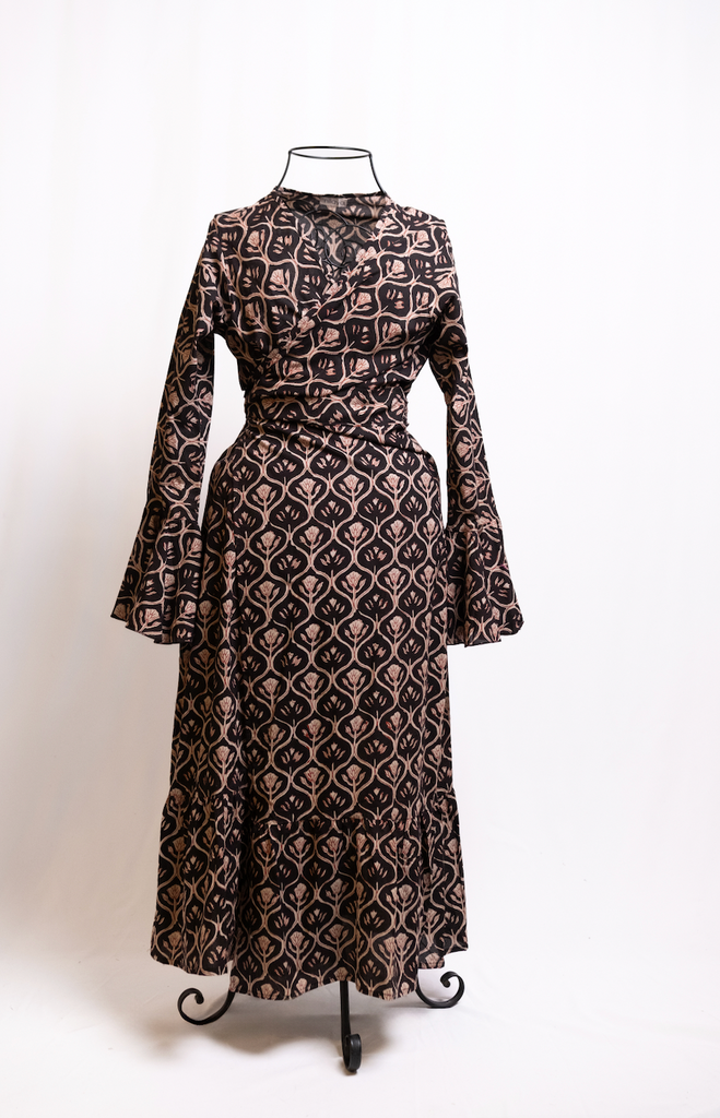 Hand Block Print Brown &  Black Flower Long Sleeve Dress