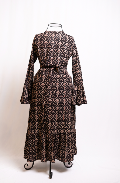 Hand Block Print Brown &  Black Flower Long Sleeve Dress