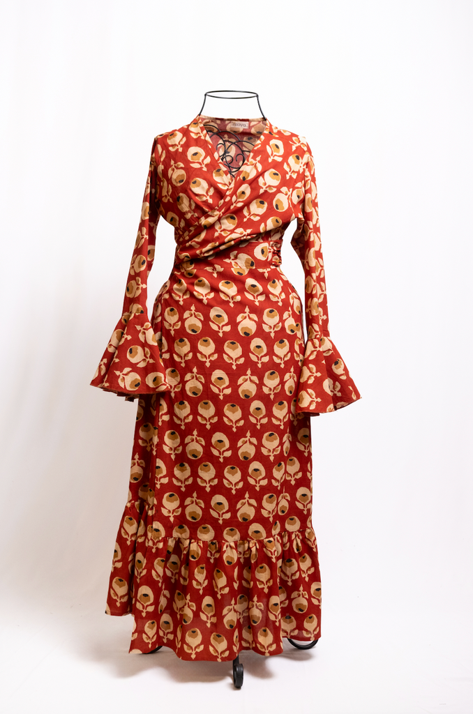 Boho Vintage Red & Tuape Long Sleeve Dress