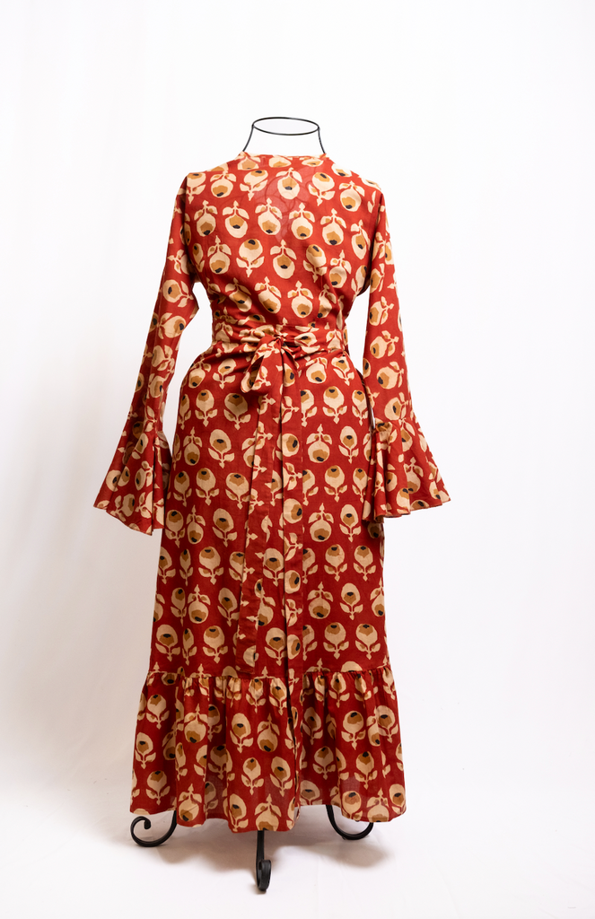 Boho Vintage Red & Tuape Long Sleeve Dress