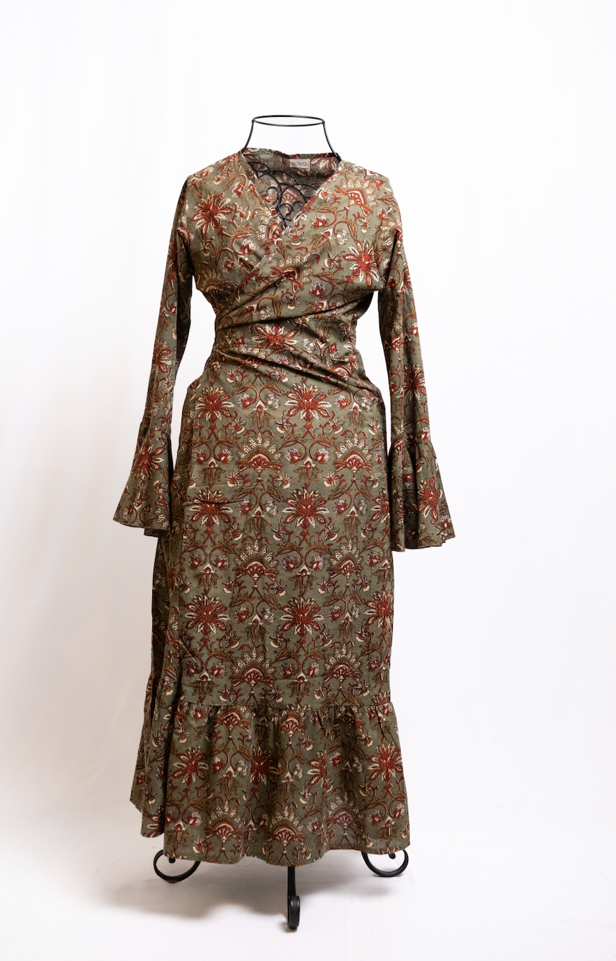 Hand Block Print Green, Brown & Red Flower Long Sleeve Dress – Tamila  Designs